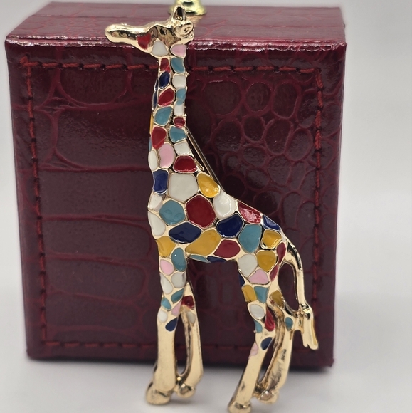 Vintage Gold Giraffe Pin with Multicolored Painted Spots 2 Inches Tall - Picture 3 of 4